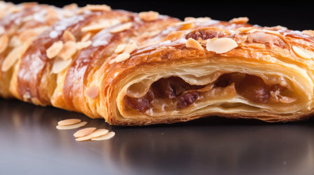 Croissant with raisins and almonds on a black backgroundの素材