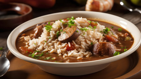 Mushroom soup with rice and vegetables in a bowl on wooden backgroundの素材