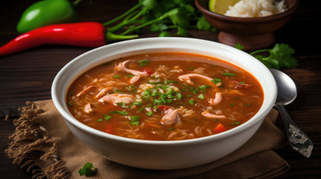 Tasty soup with shrimps in a bowl on wooden backgroundの素材