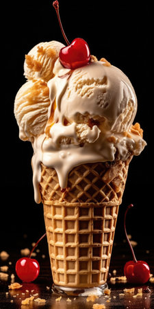 Vanilla ice cream in waffle cone with cherry on black backgroundの素材