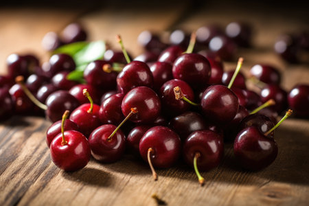Cherries on rustic wooden background, selective focus, shallow DOFの素材