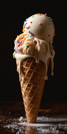 ice cream in waffle cone with sprinkles on a dark backgroundの素材