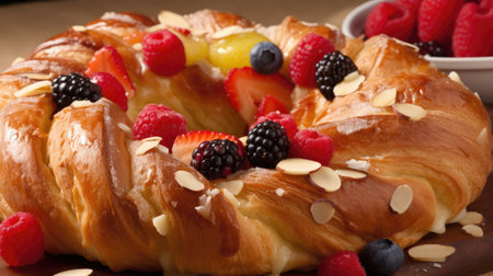 Freshly baked buns with berries on a wooden board, close upの素材