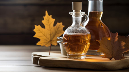Maple syrup in a glass bottle and maple leaves on a wooden backgroundの素材
