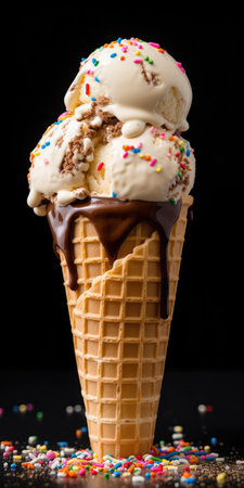 ice cream in waffle cone with chocolate and sprinkles on black backgroundの素材