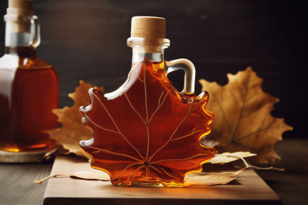 bottles of maple syrup on a wooden table with autumn leaves.の素材