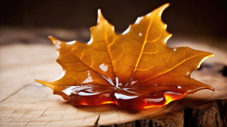 Maple leaf with maple syrup on wooden background. Autumn still lifeの素材