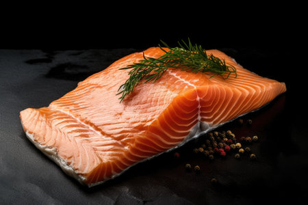 Salmon fillet with dill and pepper on a black backgroundの素材