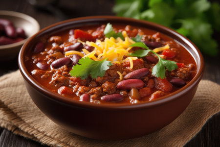 Chili con carne in bowl on wooden table, close-upの素材