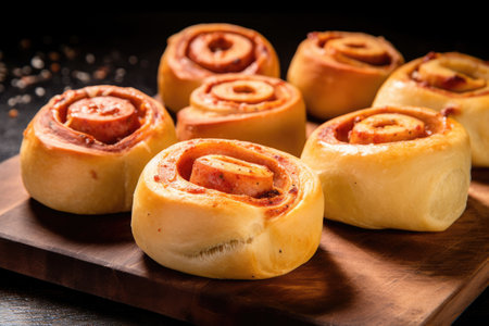 Freshly baked cinnamon rolls on a wooden board. Selective focus.の素材
