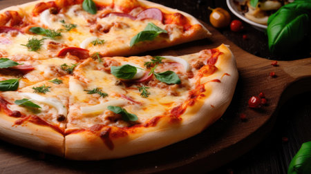 Pizza with ham, mozzarella cheese, tomato and basilの素材