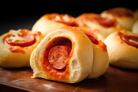 Pizza rolls with salami and cheese on a wooden board.の素材