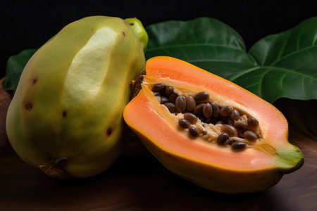 Papaya fruit and papaya seeds on a wooden background.の素材