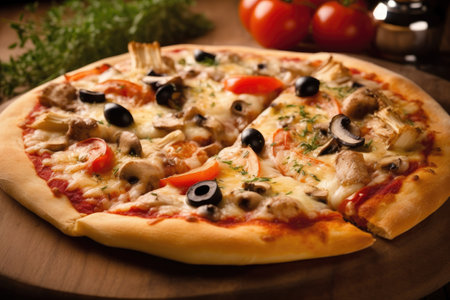 Pizza with mozzarella cheese, olives, tomato and mushroomsの素材