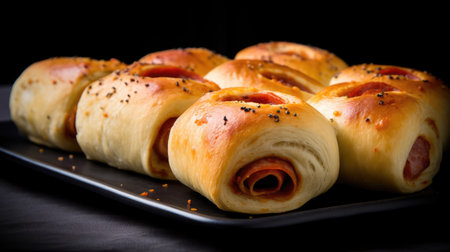 sausage rolls on a black plate on a black background.の素材