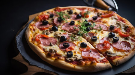 Pizza with salami, mushrooms and olives on a black backgroundの素材
