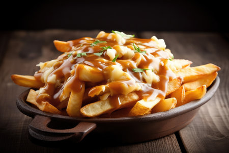 Potato fries with sauce on a wooden background. Selective focus.の素材