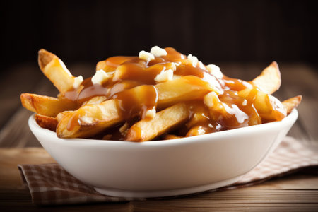 French fries with caramel sauce on wooden background. Selective focus.の素材