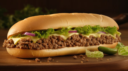 Sandwich with minced meat and vegetables on a wooden background. Toned.の素材