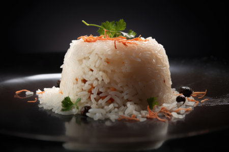 Rice with carrot and parsley on a black background. Restaurantの素材
