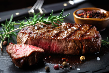 Grilled beef steak with rosemary and spices on a black backgroundの素材