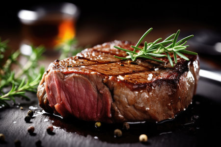 Grilled beef steak with rosemary and spices on a dark backgroundの素材