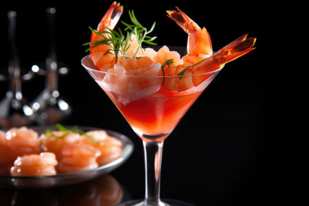 Cocktail with shrimps in martini glass on black backgroundの素材