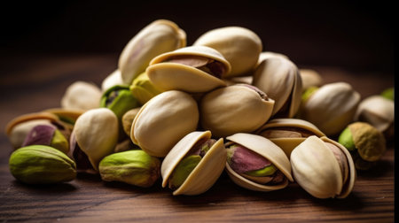 Pistachio nuts on wooden background. Selective focus.の素材
