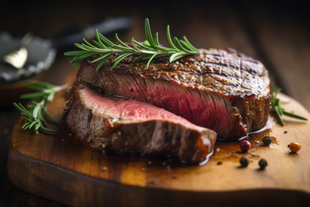 Grilled beef steak with rosemary and spices on wooden cutting boardの素材