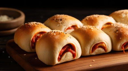 Delicious puff pastry rolls with salami on wooden board, closeupの素材