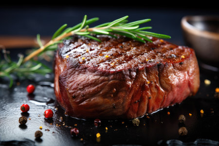 Grilled beef steak with rosemary and spices on a black backgroundの素材