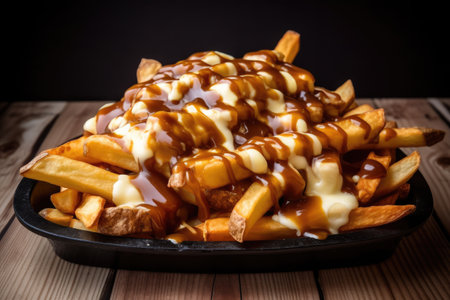French fries with caramel sauce on a wooden table. Toned.の素材