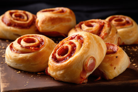 Baked rolls with bacon on a dark background. Selective focus.の素材