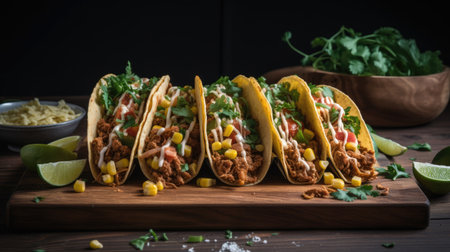 Mexican tacos with beef, corn and vegetables on wooden board.の素材
