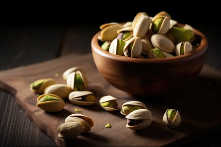 Pistachios in a wooden bowl on a dark background.の素材