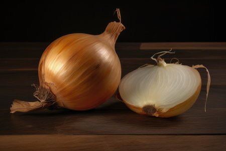 Onion on a wooden table, black background, close-upの素材