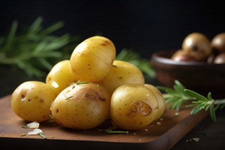 Fresh potatoes with rosemary and garlic on wooden table, closeupの素材