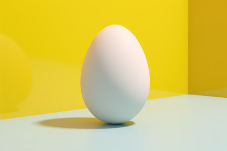 White egg on a yellow background. 3d rendering. Computer digital drawing.の素材