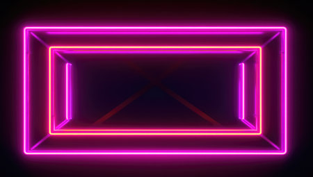 Neon square frame with glowing lines on dark background. 3D renderingの素材