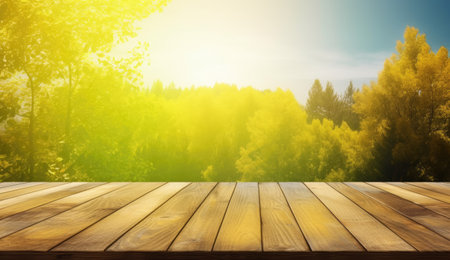Wood table top on blurred nature background - can be used for display or montage your productsの素材