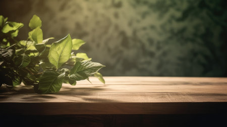 Wooden table with green plant on blurred background. Toned.の素材