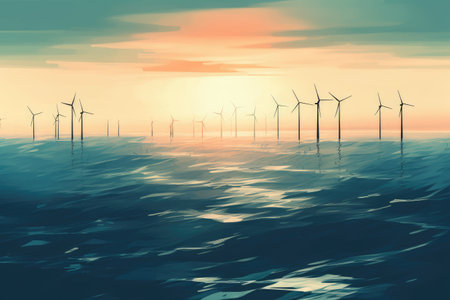 An image of wind turbines in the ocean at sunset. This is a 3d render illustration.の素材