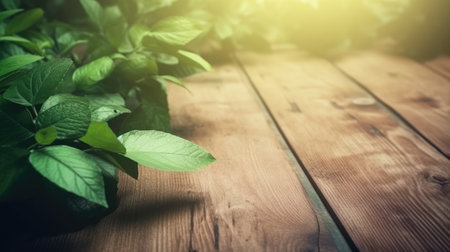 Green leaves on wooden table with sun light. Natural background with copy space.の素材