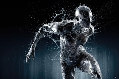 Digital composite of 3d man in water splashes against dark backgroundの素材