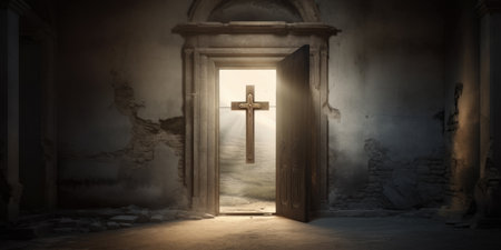 Cross in the old church door. 3D render. Conceptual image.の素材