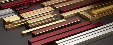 3d rendering of abstract geometric composition in golden, red and black colorsの素材