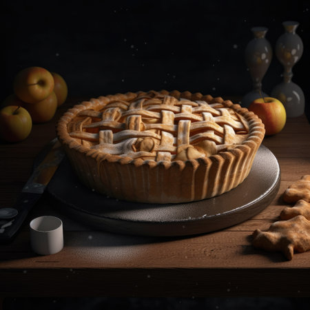 Homemade apple pie on a wooden board with apples on a dark backgroundの素材