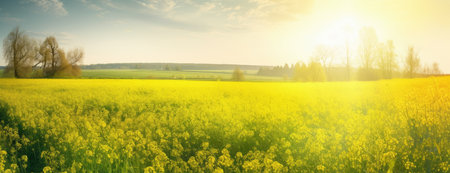 Sunset over rapeseed field. Panoramic view of agricultural landscape.の素材