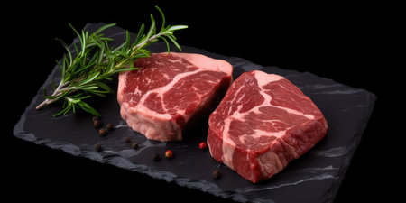 Raw T-bone steak with rosemary and pepper on black backgroundの素材