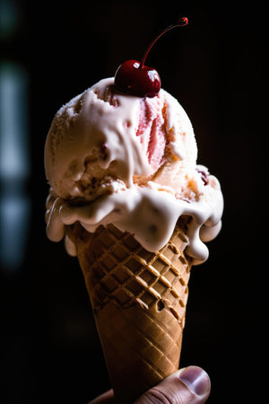 ice cream with cherry in a waffle cone on a black backgroundの素材